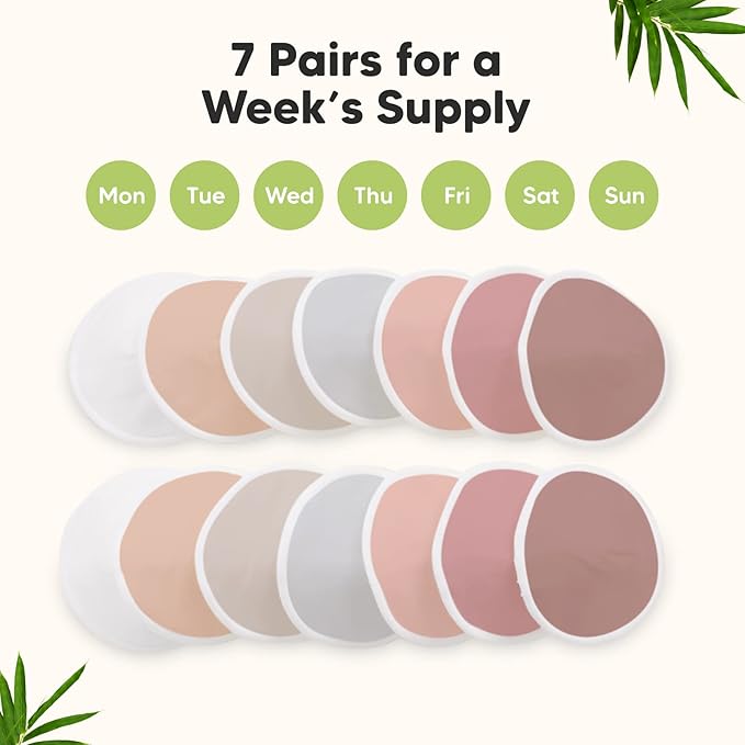 Organic Nursing Pads - 14 Washable Viscose Derived from Bamboo Breastfeeding Pads, Wash Bag, Reusable Breast Pads for Breastfeeding, Nipple Pads for Breastfeeding Essentials (Lovelle, M 3.9")