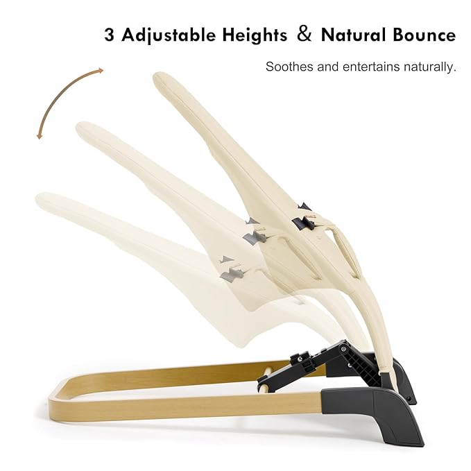 Foldable Baby Bouncer, Baby Seat with 3 Adjustable Heights, Portable Newborn Rocker, Ergonomic Bouncy Seat for Natural Bounce, Bouncer for Babies 0-6 Months, Soft Cotton (Beige)