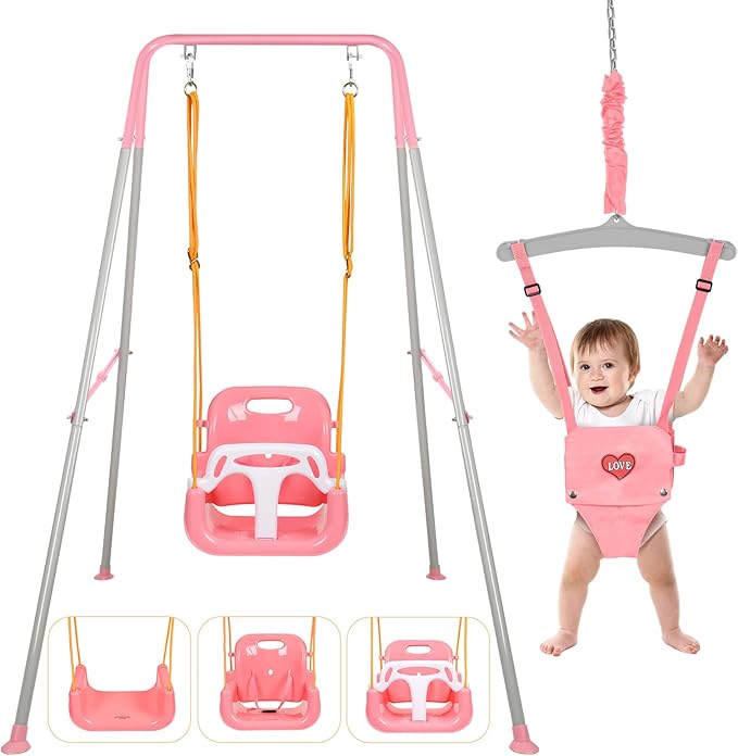 4-in-1 Swing Set & Baby Jumper and Bouncer for Toddler, Heavy Duty Baby Swing Set with Foldable Metal Stand for Indoor & Outdoor Play, Adjustable Swingset for Toddler (Pink)