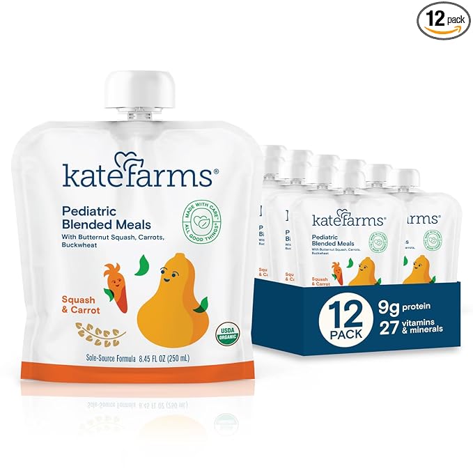 KATE FARMS Organic Pediatric Blended Meal, Squash and Carrot, 8g protein, organic whole foods, oral or tube feed nutrition, Gluten Free, Non-GMO, 8.45 oz (12 Pack)