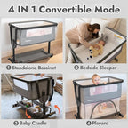 Papablic 4 in 1 Baby Bassinet, Bedside Bassinet for Baby, Adjustable Rocking Bassinet Bedside Sleeper with Soft Mattress & Storage Basket, Easy to Assemble, Black