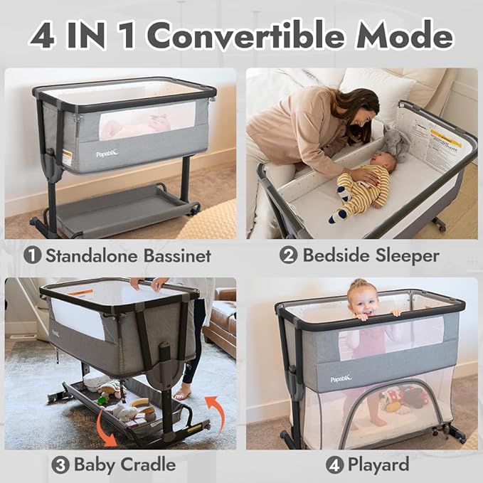 Papablic 4 in 1 Baby Bassinet, Bedside Bassinet for Baby, Adjustable Rocking Bassinet Bedside Sleeper with Soft Mattress & Storage Basket, Easy to Assemble, Black