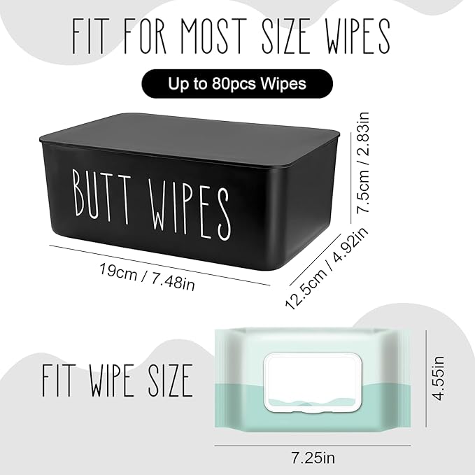 Baby Wipes Dispenser 7.48" L x 4.52" W x 2.75" H (19x11.5x7cm) - Flushable Wipes Container for Bathroom, Diaper Wipe Holder, Black