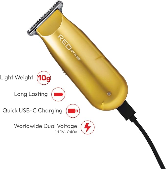 Red by Kiss Hair Clipper, Mini Cordless Hair Trimmer, Long Lasting Hair Cutting Kit, USB-C Rechargeable Haircut Beard Trimming Clippers for Men Women Kids, Portable Grooming Kit
