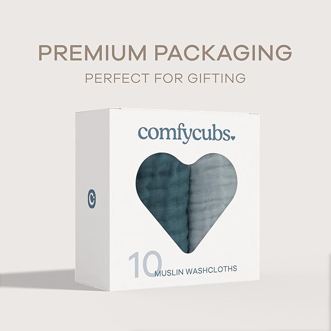 Comfy Cubs Muslin Baby Washcloths 10 Pack - Soft 6-Layer Cotton Wash Cloths for Sensitive Skin - 10"x10" Large, Gentle, Absorbent Infant Essentials for Newborn and Toddlers - Multi Boy