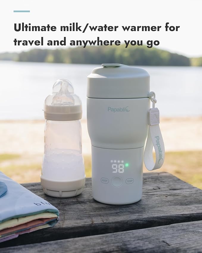 Papablic Pro Portable Bottle Warmer for Travel – Fast Heating, Built-in Sterilizer, 30W Fast Charge, 5-Temp Control, Easy-Clean Wide Mouth, Baby Milk Warmer for Breastmilk & Formula, Mint Green