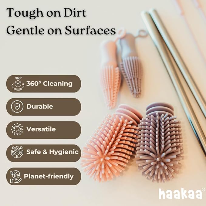 Haakaa Silicone Cleaning Brush Kit – Household Cleaning Brushes for Bottles and Crevices – Food-Grade Silicone: Dishwasher Safe (Kit-Blush)