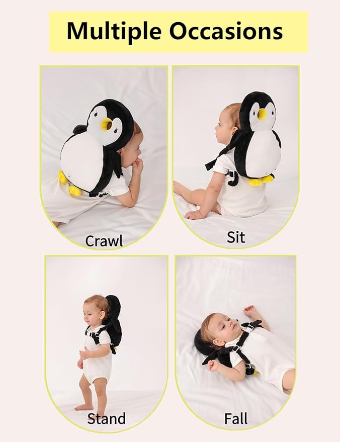 JunNeng Toddler Baby Head Protector Backpack for Toddler Walker with Knee Pads&Anti-Slip Socks, Penguin