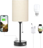 Beige Small Lamps 3 Levels Brightness - 2700K 3500K 5000K Bedside Lamps with USB C and A Ports, Pull Chain Table Lamps with AC Outlet, Nightstand Lamps with Black Metal Base for Bedroom Kids Reading