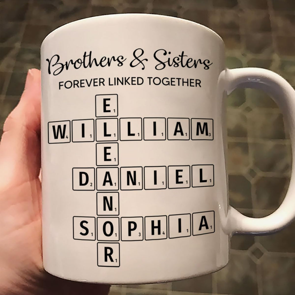 Trending Custom Brothers & Sisters Forever Linked Together Personalized White Mug Brothers Sisters Crossword Puzzle Art Mug, Gift For Brothers, Sisters, Siblings, Family Member on Birthday Christmas