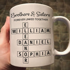 Trending Custom Brothers & Sisters Forever Linked Together Personalized White Mug Brothers Sisters Crossword Puzzle Art Mug, Gift For Brothers, Sisters, Siblings, Family Member on Birthday Christmas