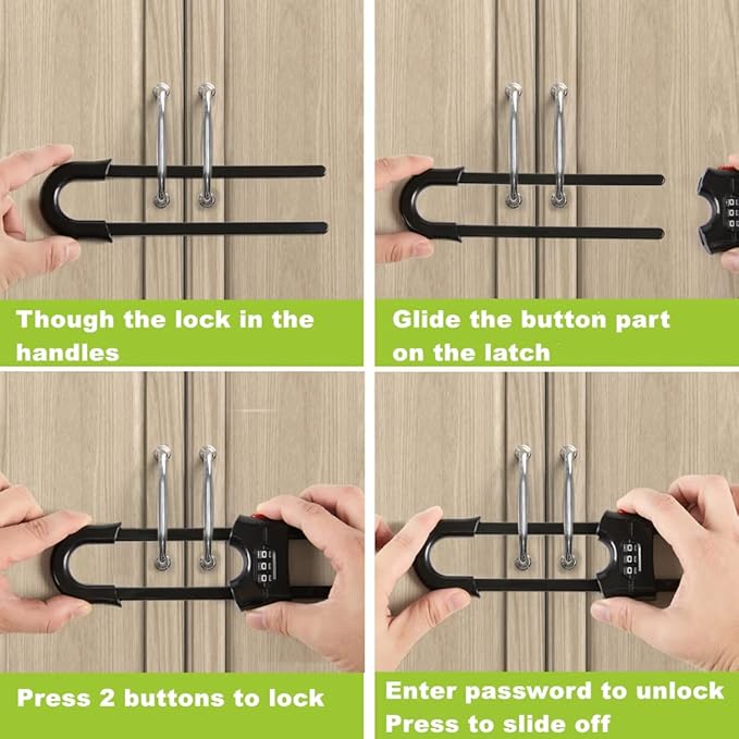 4 Pack Child Proof Sliding Cabinet Door Code Locks Baby Safety Cupboard Locks Adjustable U Shaped Cabinet Latches for Knob Handle Drawers Closet Palstic (4PCS, Black)