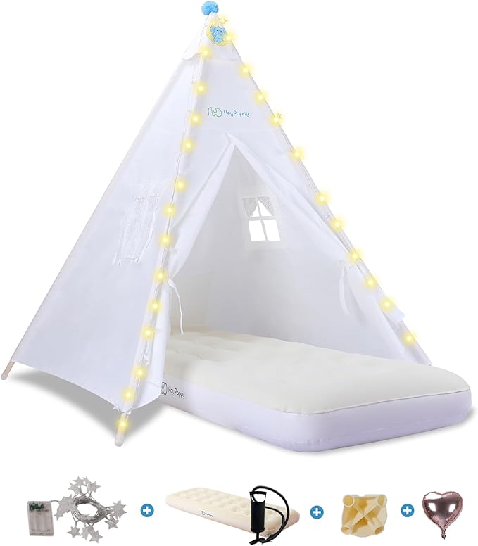 Teepee Tent for Kids with Inflatable Airbed, String Lights, Balloons, Pump, Washable Slumber Party Tent Indoor Outdoor for Girls Boys, Children Tipi Playhouse for Playtime and Sleepover