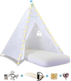 Teepee Tent for Kids with Inflatable Airbed, String Lights, Balloons, Pump, Washable Slumber Party Tent Indoor Outdoor for Girls Boys, Children Tipi Playhouse for Playtime and Sleepover