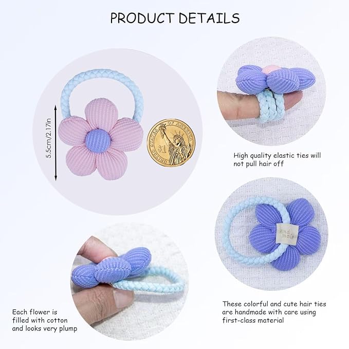 12-Pack Playful Sunflower Hair Ties For Kids Colorful Braided Elastics With 3D Floral Design Girls' Hair Bows (6 Vibrant Color Sets)