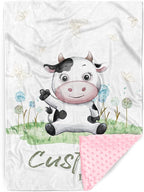 Personalized Baby Blanket for Boys, Custom Name Baby Blanket with Cars, Soft Flannel with Double Layer Dotted Backing, Receiving Swaddle Blankets for Infants and Toddlers, Cow Design