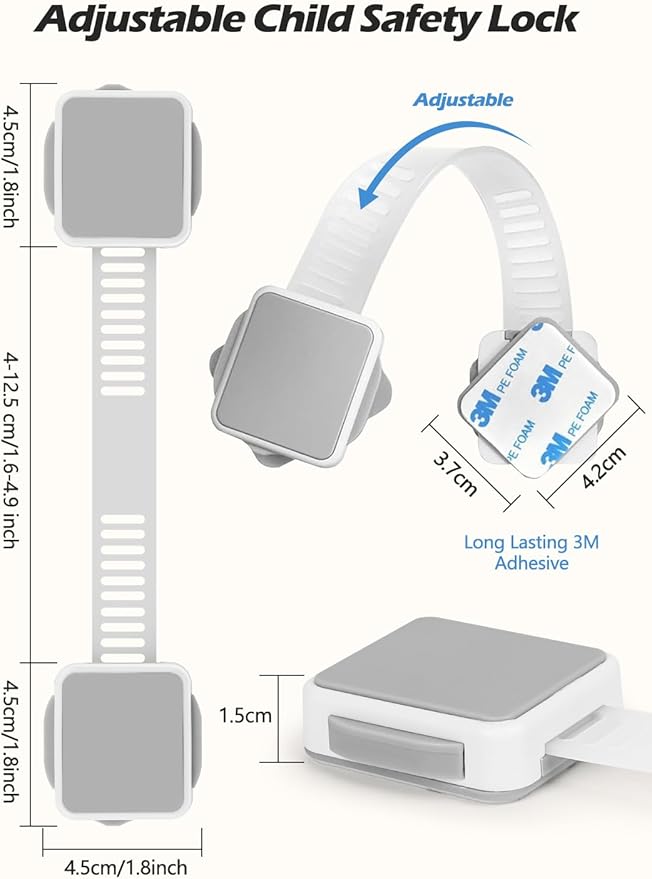 2 Pack Baby Proofing Safety Locks Child Safe for Cabinet Drawer Fridge Oven Dishwasher Doors, Toilet Seat & Lid, Adjustable Furniture Latches and Straps, 3M Adhesive No Drilling Button,Unlock Design