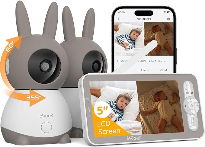 ieGeek 2K Split-Screen Baby Monitor, 5" Audio Baby Monitor with 2 Cameras, WiFi Smartphone Video Dual Camera, Night Vision, Motion & Cry Detection, Two Way Talk Temper &Humidity Sensor
