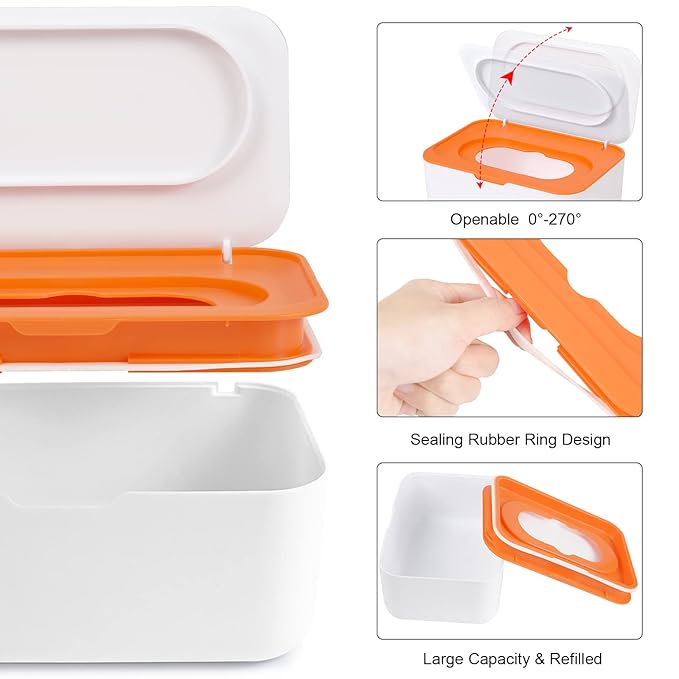 8Pcs Baby Wipes Dispenser, Reusable Baby Wipe Holder Box and Portable Wet Wipes Pouch, Refillable Wipes Pouch Case Container with Lid for Bathroom Baby Nursery Kitchen Office Travel (Grey+Orange)