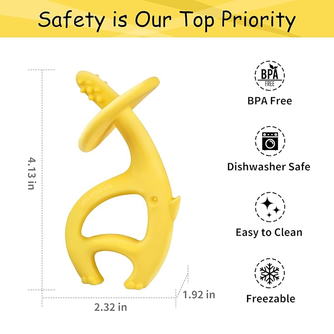 Teething Toys 3 Months+, Mombella Elephant Teethers for Babies with Strap to Clip on, Soft Silicone Teether Toys, 2 in 1 Teether & Pre-Training Toothbrush, 3 Month Old Infant Chew Toys, Yellow