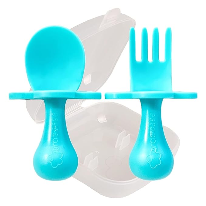Grabease Baby Feeding Utensils - Anti-Choke Collar & Toddler Fork for Ages 1-3 - Easy-Grip Curved Handle Infant Spoon - Dishwasher-Safe Convenience & Baby Cutlery - Teal