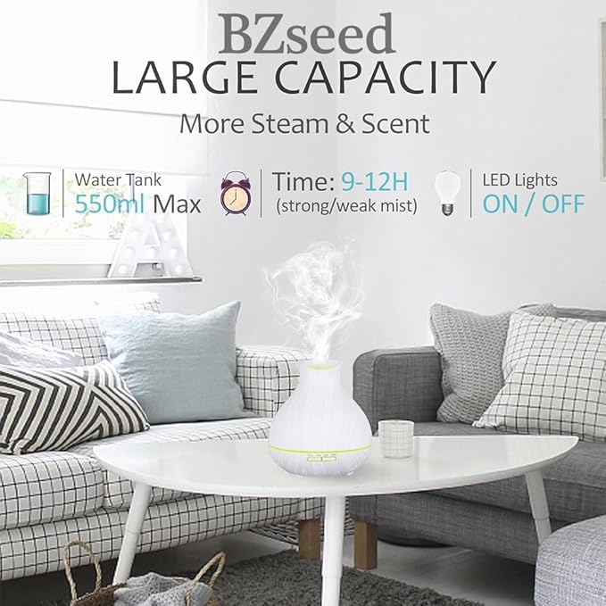 BZseed Aromatherapy Essential Oil Diffuser 550ml 12 Hours White Wood Grain Aroma Diffuser with Timer for Large Room, Home, Baby Bedroom, Waterless Auto Shut-Off, 7 Colors Lights Changing