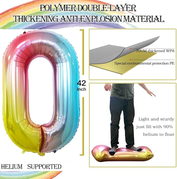 GOER 2 Pcs 42 Inch Rainbow Foil Balloons Number 0 for 10th 20th 30th 40th 50th 60th 70th 80th 90th 100th Birthday Party Supplies Anniversary Decorations