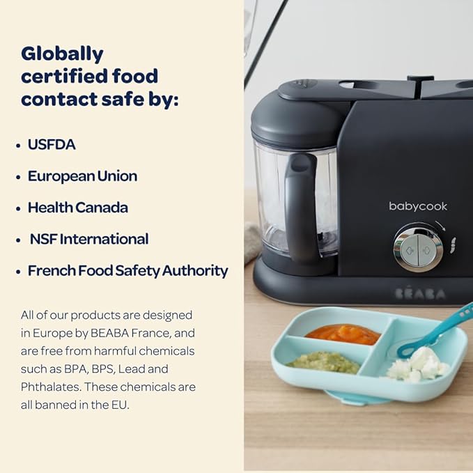 BEABA Babycook Duo 4 in 1 Baby Food Maker, Puree Steamer and Blender for Purees, Grinder with Auto Steam Cooking, Lrg 9.1 Cup Capacity, Makes 54 Servings in 20 Mins, Midnight