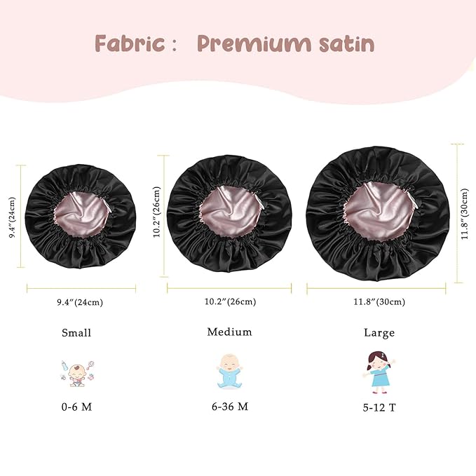 YANIBEST Baby Satin Bonnet Sleep Cap - Double Layer Reversible Adjustable Silky Satin Cap for Infant Toddler(0-6 Months,Black)