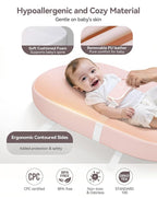 COMOMY Baby Changing Pad with Wipeable & Waterproof PU Cover, Contoured Diaper Changing Pad for Dresser with Non-Slip Safety Belt, Portable and Lightweight, Large Cushioned Foam, Pink