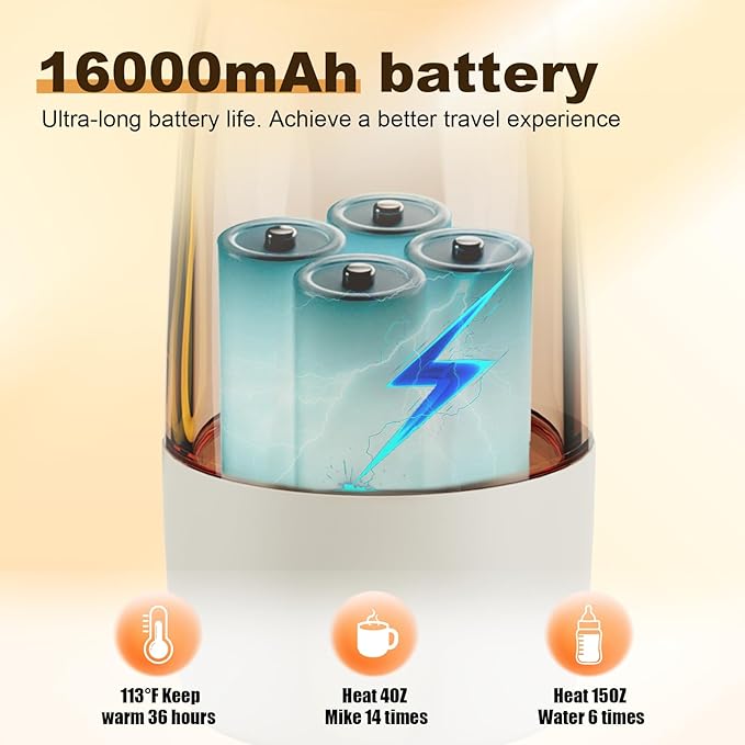 Portable Bottle Warmer for Travel, 212℉ Boil & 149℉ Pasteurization, 17.5oz Milk Warmer for Baby with Temp Control, 16000mAh Bottle Warmer On The Go, Portable Milk and Water Warmer