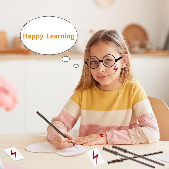 Wizard Theme Party Favors - Wand Pencils Wizard Glasses with No Lenses Lightning Bolt Scar Temporary Tattoo for Teen Kid Student Magic Birthday Party Favors School Reward Halloween Decor 12pcs each