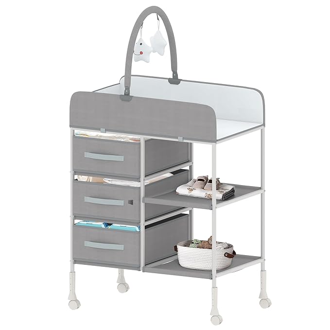 Baby Changing Table, Diaper Changing Table with Waterproof Pad, Portable Changing Table with 3 Storage Baskets and Toy, Mobile Nursery for Infant and Newborn
