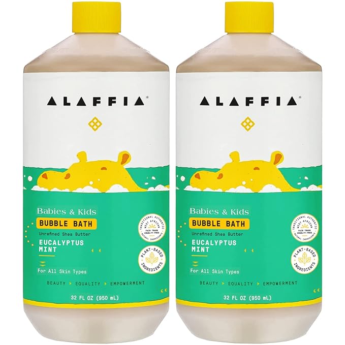 Alaffia Babies and Kids Bubble Bath, Gentle Baby Essentials for Delicate Skin, Cleansing & Calming Bubbles, Plant Based Formula, Vegan, Eucalyptus Mint (2 Pack - 32 Fl Oz Ea)