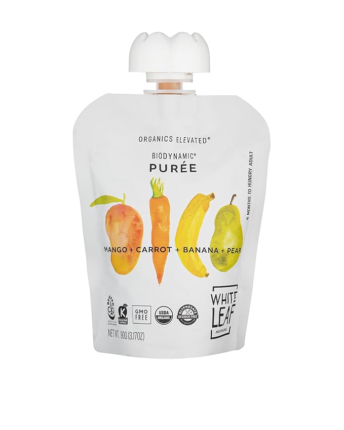 White Leaf Provisions Organic Purees / Baby Food Pouches - Fruits, Veggies & Grains, Toddler snack, Regeneratively Farmed, No Added Sugar, Non-GMO, BPA-Free Pouches 3.17 oz (Pack of 24, Mango + Carrot + Banana + Pear)