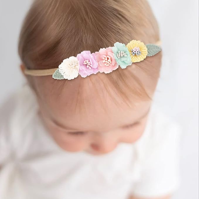 Baby Girl Nylon Headbands Flower Hair Bows Accessories-Elastic Hair Band Crown Handmade FLoral Wraps Birthday Gifts for Girls Newborn Infant Toddler 3Pcs