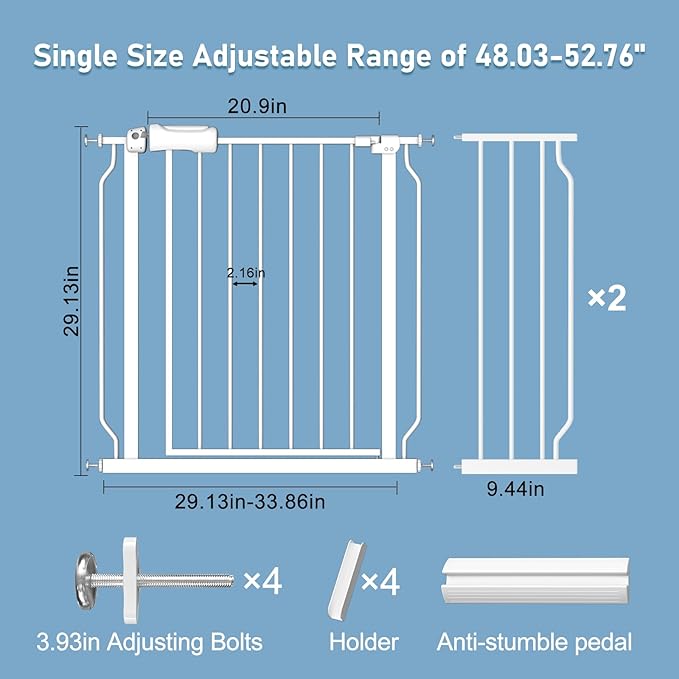 ALLAIBB Extra Wide Pressure Mount Baby Gate Auto Close White Metal Child Dog Pet Safety Gates with Walk Through for Stairs,Doorways,Kitchen and Living Room(48.03-52.76"/122-134cm)