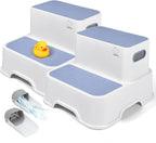 Blue Toddler Step Stool for Bathroom Sink, 2 Step Stool for Kids Kitchen Sink, Heavy Duty Stepping Stool for Toddlers Toilet Potty Training (2 Pack, White-Blue)