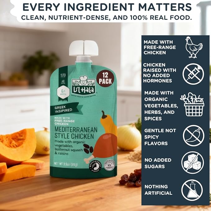 Li’l Hala Mediterranean Chicken Baby Food Pouches – Free-Range Chicken & Organic Veggies – Toddler Meals with Meat – Protein & Healthy Fats Puree – No Hormones – 6+ Months – 3.5 oz (12 Pack)