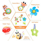 Koty Baby Stroller Arch Toy with Teether, Rattle, Crinkle Sound, Mirror & Music Box, Newborns Sensory Activity Carrier Take-Along Toy, Adjustable for Bouncers, Car Seat & Pram 0M+(Deer)