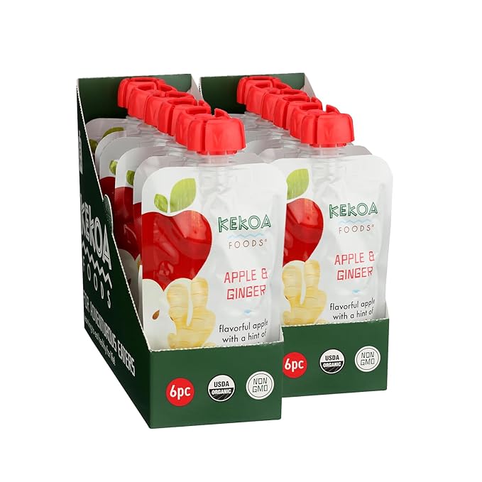 Kekoa Foods Apple & Ginger Baby Food Purée | 100% USDA Certified-Organic, No Sugar Added | Organic, Non-GMO, Gluten-Free, Vegan | Mild Ginger for Flavor Development | 3.5 oz Squeeze Pouch