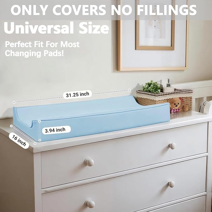 Vegan Leather Changing Pad Cover - 31"X 16" - Waterproof Wipeable, Extra Thick & Portable & Non-Slip Diaper Mat - Fits Standard Changing Tables for Baby Boy Girl (Blue)