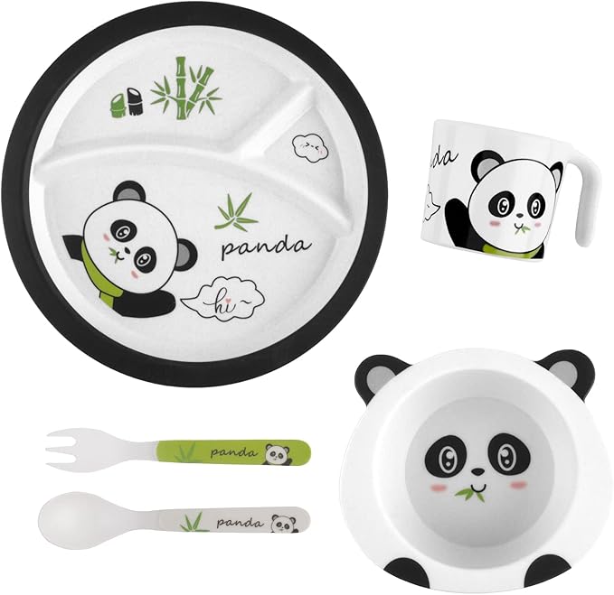 Kids Feeding Set 5 Pcs, Tableware Set for Toddlers Includes Plate Bowl Cup Fork and Spoon Utensil Flatware, Kids Flatware Set Dishwasher Safe, BPA Free (Panda)