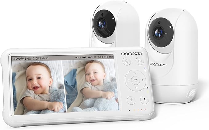 Momcozy Baby Monitor with 2 Cameras 5’’ 1080P Split Screen Video Baby Monitor with Camera and Audio no WiFi for Baby Safety 5000mAh Battery Infrared Night Vision 2-Way Audio 960ft Range Ideal Gift