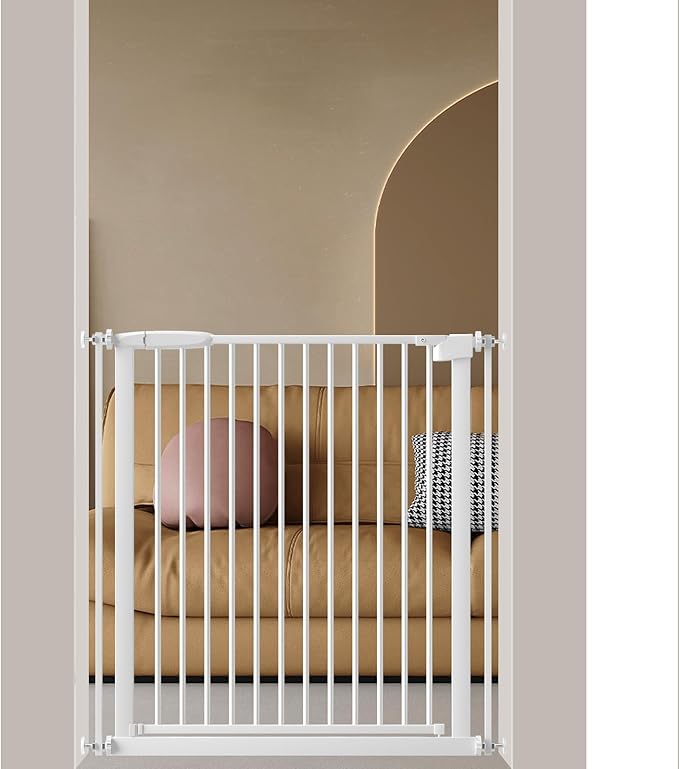 DEARBB Extra Wide Baby Gate Ultra Narrow Spacing 30.11-77.36" Pressure Mounted Double Lock Swing Auto Close Walk Through Metal Safety Pet Gate for Stairs and House Doorway Kitchen