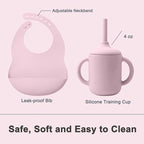 Silicone Baby Feeding Set 14 Pcs,Baby Led Weaning Supplies, Baby Spoons Suction Bowl Divided Plate Bib Cup Finger Brush,First Stage Solid Food Eating Utensils - 6+ Months(Light Pink)