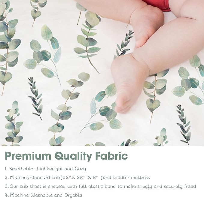 Bimocosy Crib Sheets for Boys Girls, Fitted Crib Sheet 4 Pack for Standard Crib and Toddler Mattresses, Super Soft Breathable Microfiber Baby Sheet 28x52x8in, Leaf/Bear/Gray/Green