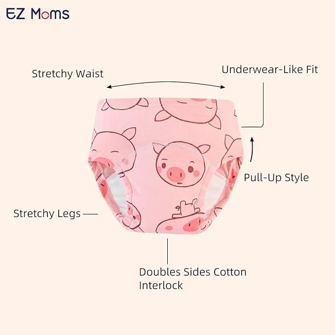 EZ Moms 6 Packs Potty Training Underwear for Girls 100% Cotton Absorption Padded Toddler Training Underwear Girls 4T Leakproof Reusable Kid Confident Toddler Panties Pee Pants with Potty Sticker Chart
