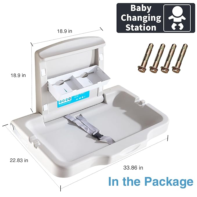 Baby Changing Station Wall Mounted Baby Changing Table Foldable Diaper Changing Unit Commercial Restrooms Horizontal HDPE Meterial with Safrty Strap White Gray