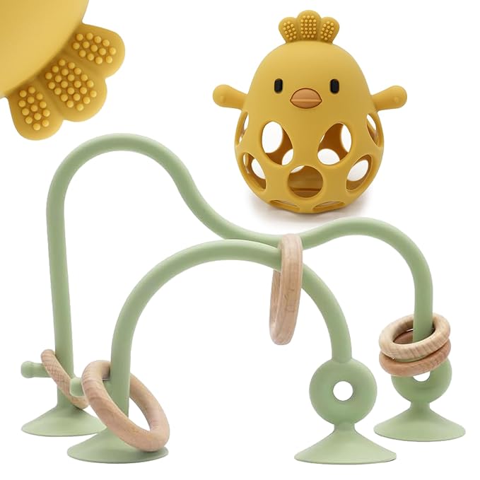 Baby High Chair Toys Teething Chew - Baby Table Toys, High Chair Suction Toy Teething Toys Silicone Teethers, Food Grade Silicon for 6 12 18 Months (Green Yellow)